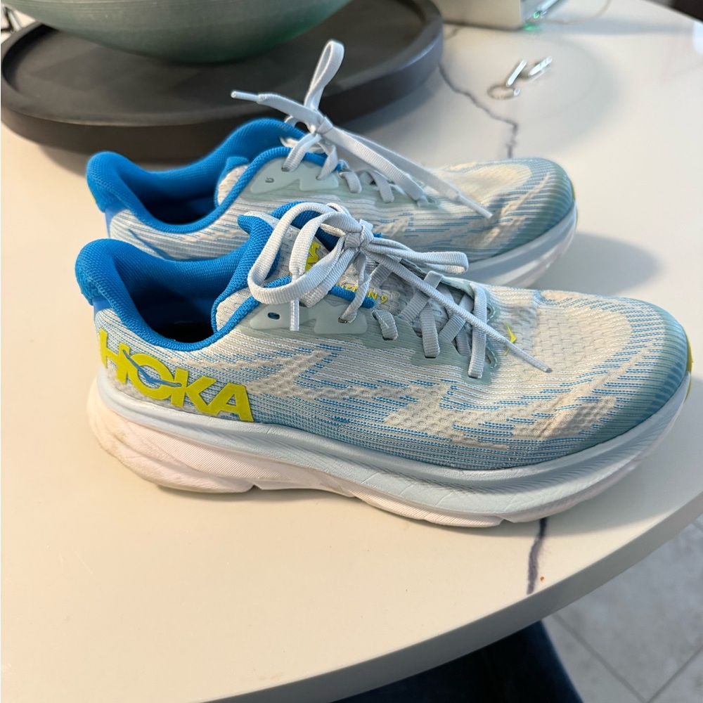 Hoka Women's Light Blue, White & Neon Yellow Running Sneakers